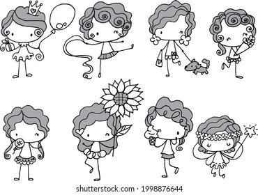 vector cartoon girls eat ice cream, hold balloons dance hold flowers set	
