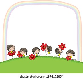 vector cartoon girls hold flowers with rainbow border frame card background