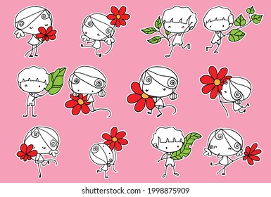 vector cartoon girls hold red heart shape and flowers leaf set