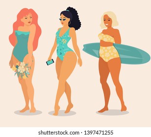 Vector cartoon girls in swimsuits, beach season