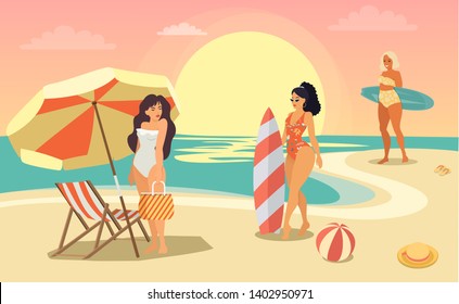 Vector cartoon girls in swimsuits, beach season