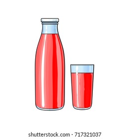 Vector cartoon glass bottle and cup of red fresh fruit juice. Isolated illustration on a white background. Soft drink, refreshing beverage image.