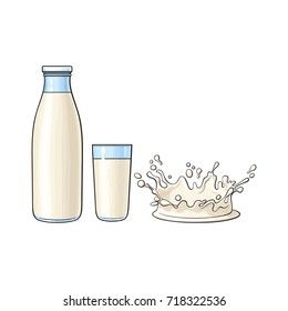 Vector cartoon glass bottle, cup of milk and milk splash drop. Isolated illustration on a white background. Soft drink, refreshing beverage image.