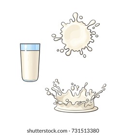 Vector cartoon glass cup of milk and milk splash drop set. Isolated illustration on a white background. Soft drink, refreshing beverage image.