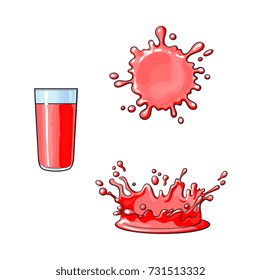 Vector cartoon glass cup and splash drop of red fresh fruit juice set. Isolated illustration on a white background. Soft drink, refreshing beverage image.