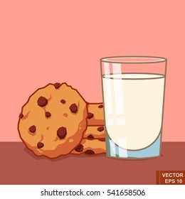 Vector cartoon glass of milk and Chocolate chip cookies. Breakfast food christmas illustration