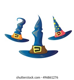 vector cartoon glossy blue witch hat isolated on white set. halloween blue hat icon collection