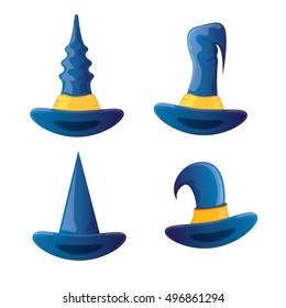 vector cartoon glossy blue witch hat isolated on white set. halloween blue hat icon collection