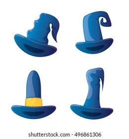 vector cartoon glossy blue witch hat isolated on white set. halloween blue hat icon collection
