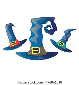 vector cartoon glossy blue witch hat isolated on white set. halloween blue hat icon collection