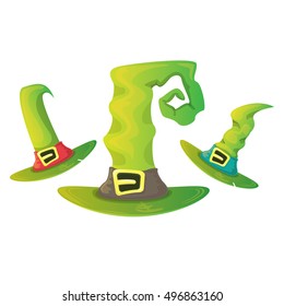 vector cartoon glossy green witch hat isolated on white set. halloween green hat icon collection
