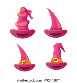 vector cartoon glossy pink witch hat isolated on white set. halloween pink hat icon collection