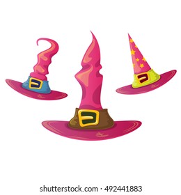 vector cartoon glossy pink witch hat isolated on white set. halloween pink hat icon collection