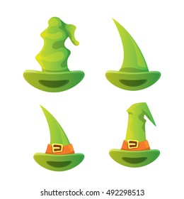 vector cartoon glossy witch hat set. halloween hat collection