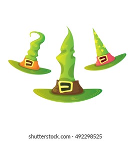 vector cartoon glossy witch hat set. halloween hat collection