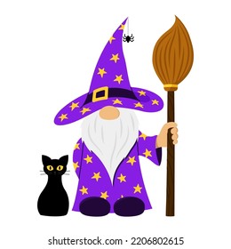 Vector cartoon gnome character with broom stick and black cat. Isolated Halloween gnome warlock with pet on white background