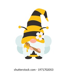 Vector cartoon gnomes wearing a yellow black bee suit holding sweet honey. Isolated on background