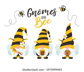 Vector cartoon gnomes wearing a yellow black bee suit holding sweet honey. Isolated on background