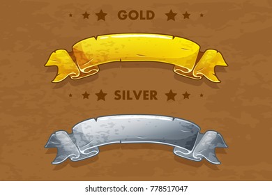 Vector cartoon gold and silver old ribbons