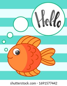 El pez dorado vectorial dice adiós. Pescado amarillo en un fondo verde azulado a rayas. Imprimir en textiles