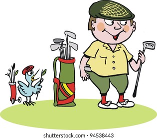 Vector cartoon of golfer with bag of clubs