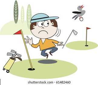 Vector cartoon of golfer watching bird fly away with ball.