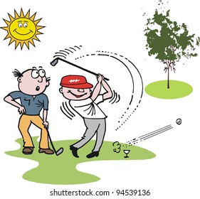 Vector cartoon of golfers playing game outdoors