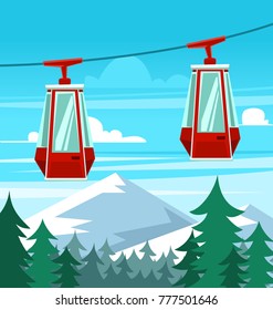 vector cartoon gondola illustration at winter vacation with pine trees and snow mountain hill blue sky background illustration scene