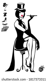 Vektorgrafik. Schöne liebevolle Dame in einem Abendkleid. Kabarett, Show, Musikhalle, Party. Einzeln. Auf weißem Hintergrund.