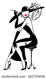 Vector cartoon. A graceful beautiful lady is sitting in an evening dress. Cabaret, show, music hall, party. Isolated. Black and white graphics on a white background.