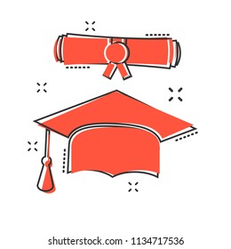 Vector Cartoon Graduation Cap And Diploma Scroll Icon In Comic Style. Education Sign Illustration Pictogram. Celebration Business Splash Effect Concept.