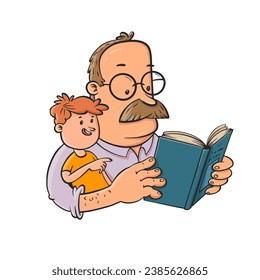 Vector Cartoon of Grandfather and Grandson Reading Together