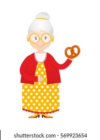 Vector cartoon grandma with cakes in hand