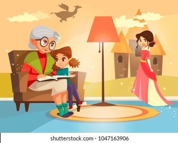 Vector cartoon grandmother reading fairy tale book to girl kid sitting at armchair. Illustration elderly parent child on background of home interior with dragon princess castle on wall imagined by kid