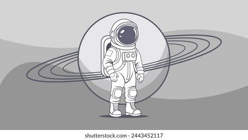 Astronauta gráfico de dibujos animados en un traje espacial sobre un fondo de Júpiter gris. Cosmonauta de pie. Banner de ciencia.