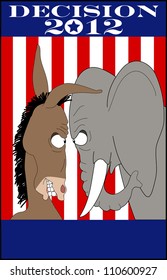 vector cartoon graphic depicting American political mascots, a mule and an elephant