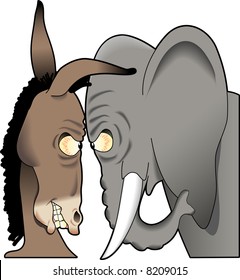 vector cartoon graphic depicting American political mascots, a mule and an elephant