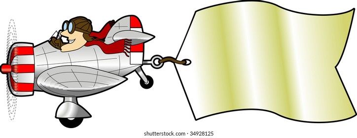 vector cartoon graphic depicting flying airplane pulling an attached message sign
