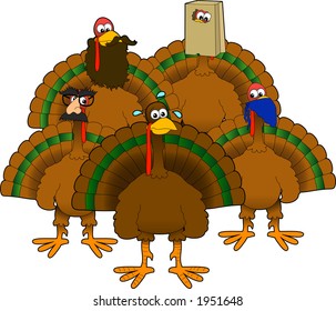 Vector cartoon graphic depicting a group of disguised turkeys