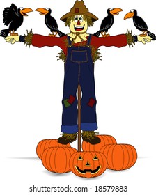 vector cartoon graphic depicting a happy scarecrow with crows and pumpkins