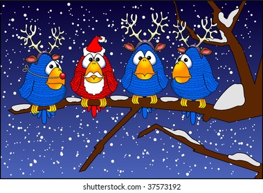 vector cartoon graphic depicting holiday scene with four birds on a tree branch