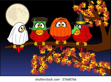 vector cartoon graphic depicting holiday scene with four birds on a tree branch