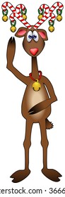 vector cartoon graphic depicting red-nose reindeer with candy cane