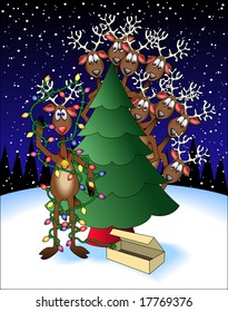 vector cartoon graphic depicting reindeer and a Christmas tree