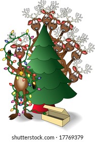 vector cartoon graphic depicting reindeer and a Christmas tree