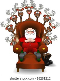 vector cartoon graphic depicting a relaxing Santa Claus and his reindeer