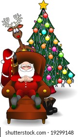 vector cartoon graphic depicting a relaxing Santa Claus, a reindeer and Christmas tree