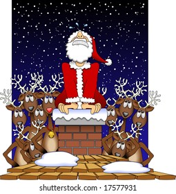 vector cartoon graphic depicting a Santa Claus stuck in a chimney