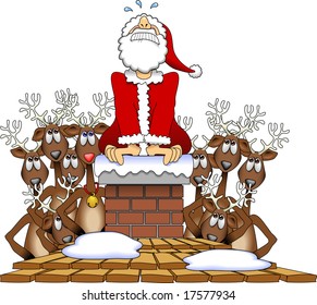 vector cartoon graphic depicting a Santa Claus stuck in a chimney