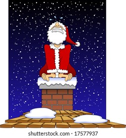 vector cartoon graphic depicting a Santa Claus stuck in a chimney